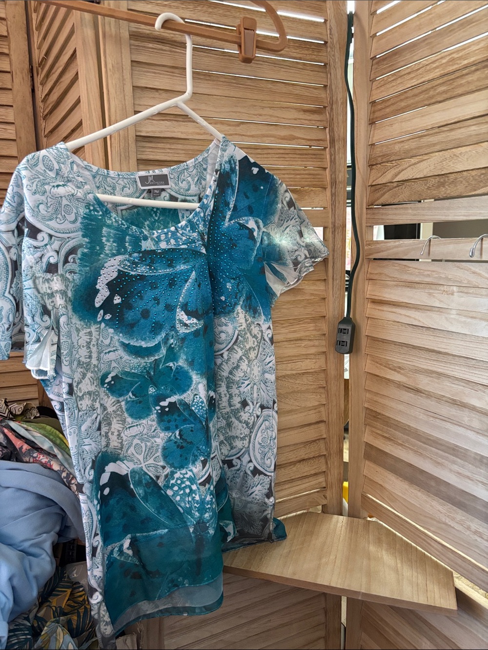 JM Collection Teal Floral-Print Short Sleeve Top with Embellished Accents PM